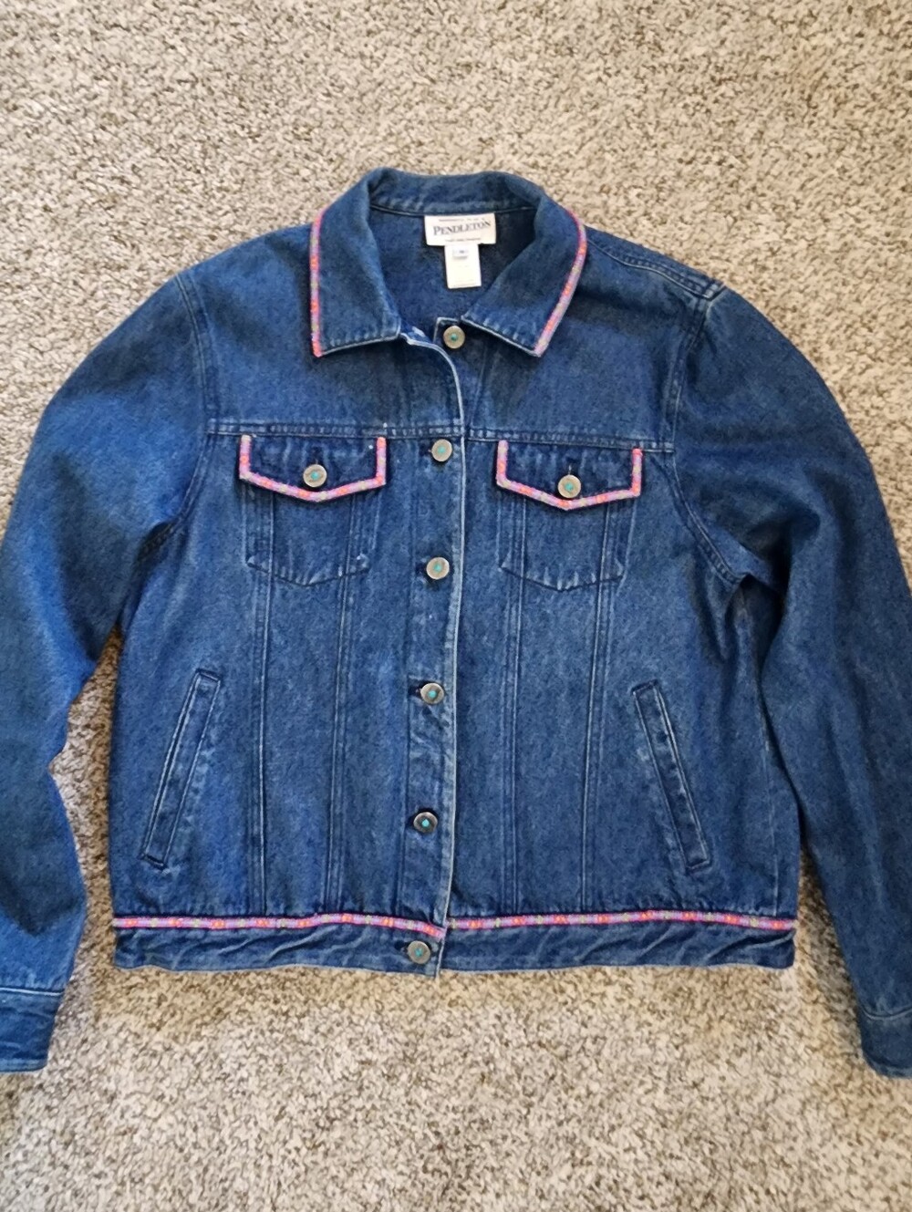 ✨️PENDLETON Western Denim Jacket VTG Sz M western Beaded Trim Turquoise M Y2K